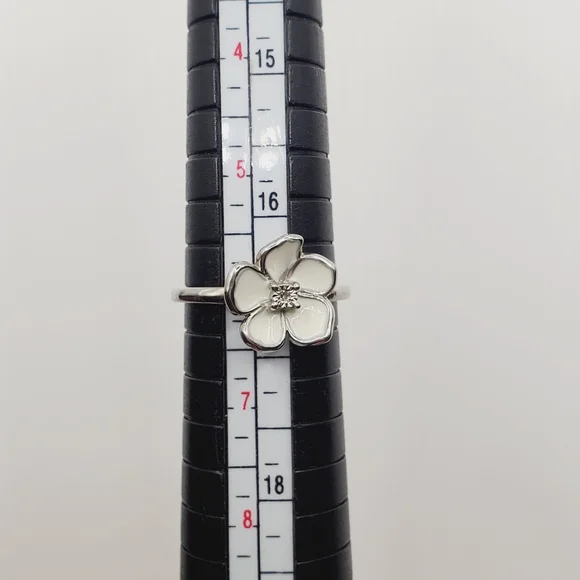 Flower Ring Genuine Diamond Ring White Enamel Ring 925 Sterling Silver Ring - Picture 7 of 8